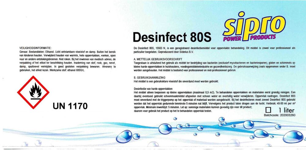 Partij 120 fles &agrave; 1ltr Sipro desinfectiespray - 80% ethanol