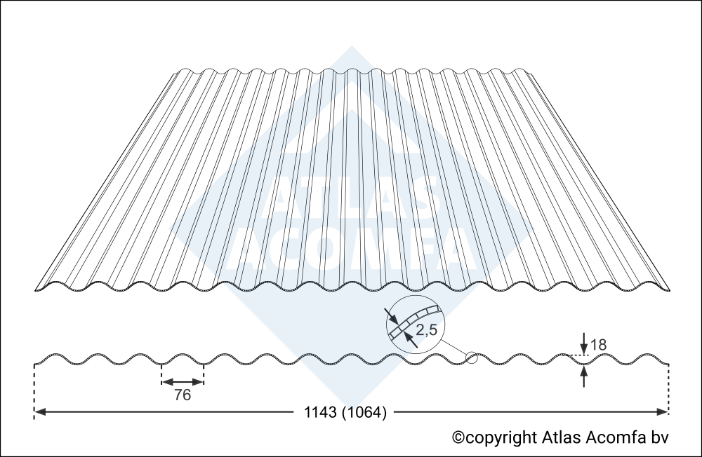 Golfplaat polycarbonaat | 2,5mm dubbelwandig | 76/18 | 244x114cm