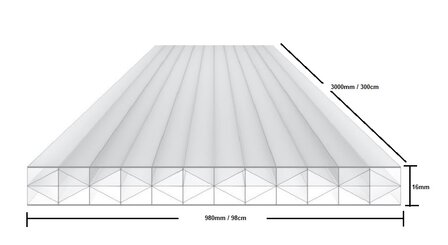 Polycarbonaat kanaalplaat 16mm  breed 98cm lengte 300cm