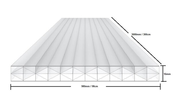 Polycarbonaat kanaalplaat 16mm  breed 98cm lengte 300cm